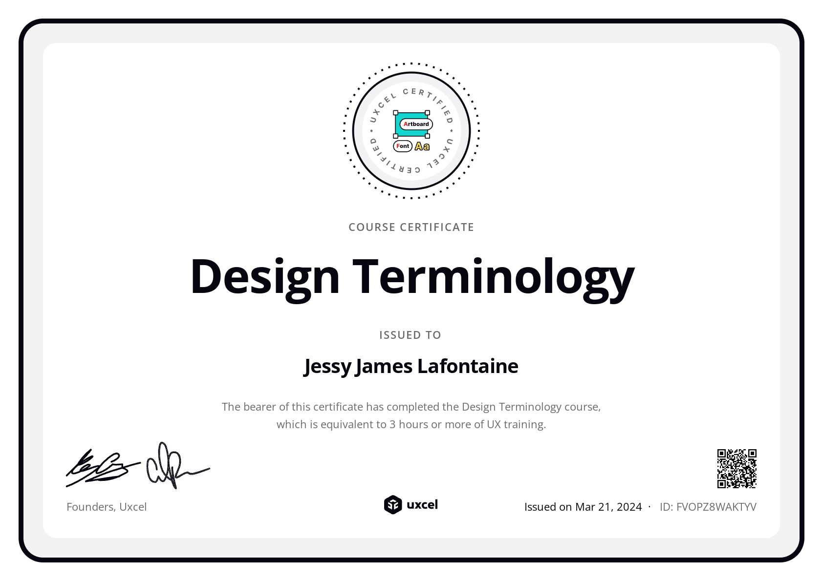 Jessy James Lafontaine's certificate